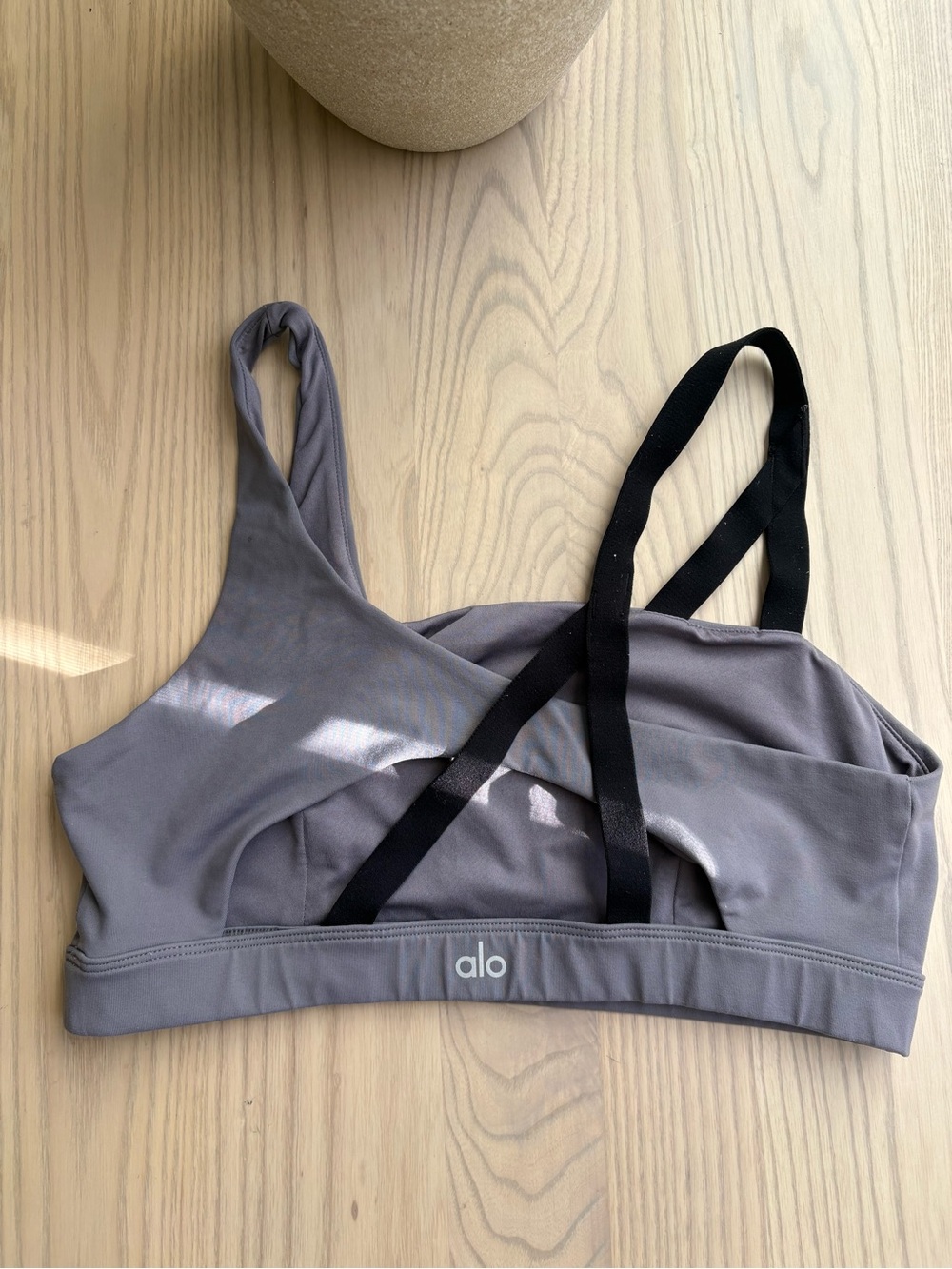 ALO Yoga Gray Sports Bra with Black Cross Straps